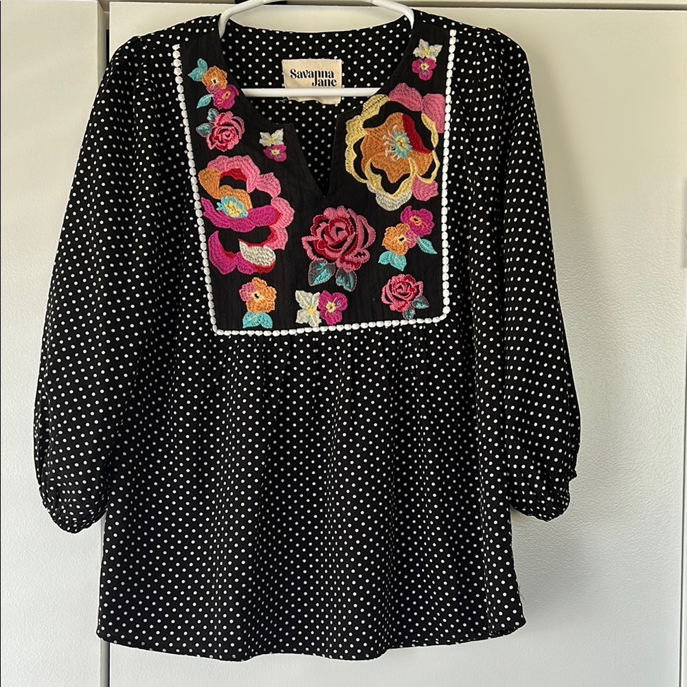 Savanna Jane Black and White Embroidered Blouse